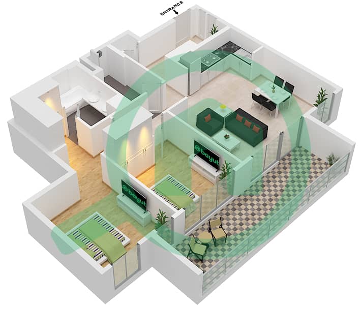 المخططات الطابقية لتصميم الوحدة 5 FLOOR 24-28 شقة 2 غرفة نوم - برج كريك جيت 2 Unit 5 Floor 24-28 interactive3D