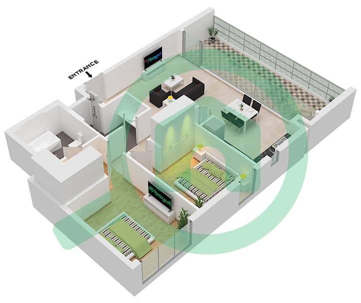 المخططات الطابقية لتصميم الوحدة 5 FLOOR 16-23 شقة 2 غرفة نوم - برج كريك جيت 2 Unit 5 Floor 16-23 interactive3D