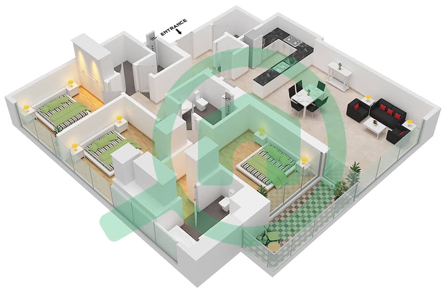 المخططات الطابقية لتصميم الوحدة 3 FLOOR 3-17,19-22 شقة 2 غرفة نوم - برج كريك جيت 2 Unit 3 Floor 3-17,19-22 interactive3D