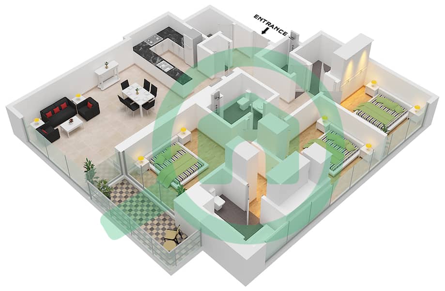 المخططات الطابقية لتصميم الوحدة 6 FLOOR 3-17,19-22 شقة 3 غرف نوم - برج كريك جيت 2 Unit 6 Floor 3-17,19-22 interactive3D