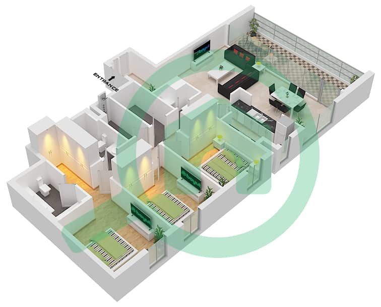 المخططات الطابقية لتصميم الوحدة 1 FLOOR 2-14,16-28 شقة 3 غرف نوم - برج كريك جيت 2 Unit 1 Floor 2-14,16-28 interactive3D