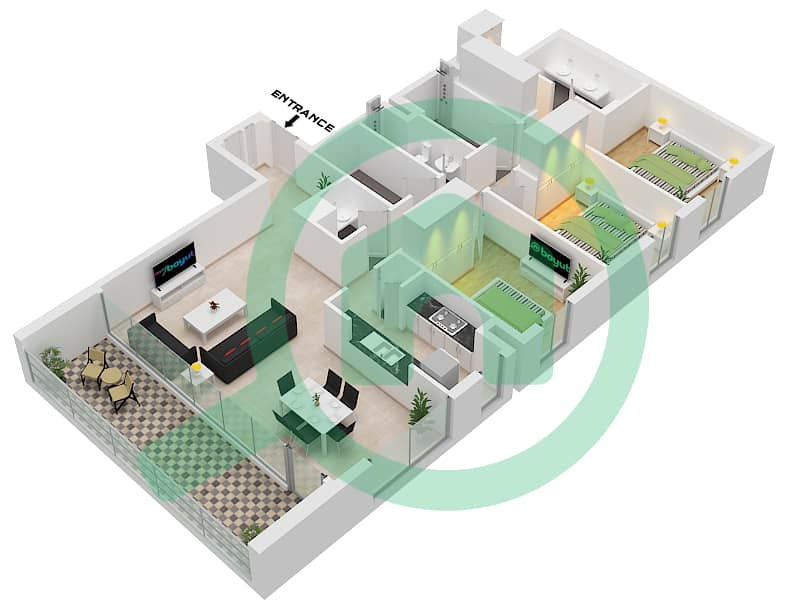 المخططات الطابقية لتصميم الوحدة 3 FLOOR 1-14,16-28 شقة 3 غرف نوم - برج كريك جيت 2 Unit 3 Floor 1-14,16-28 interactive3D