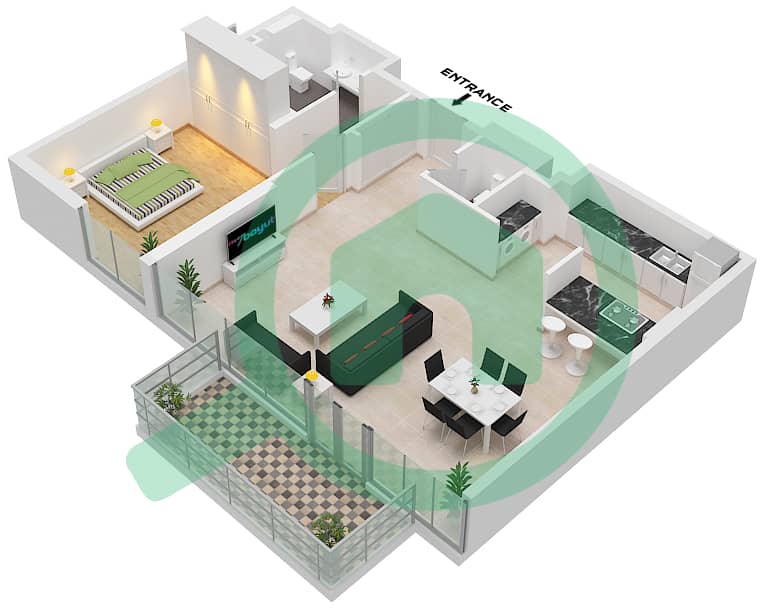 المخططات الطابقية لتصميم النموذج / الوحدة 2-2 / 03 شقة 1 غرفة نوم - بناية الشقق 4 interactive3D