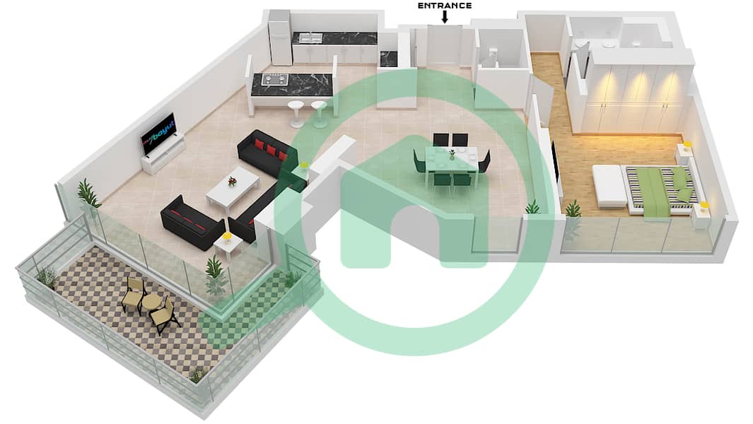 المخططات الطابقية لتصميم النموذج / الوحدة 4-1 / 02 شقة 1 غرفة نوم - بناية الشقق 4 interactive3D