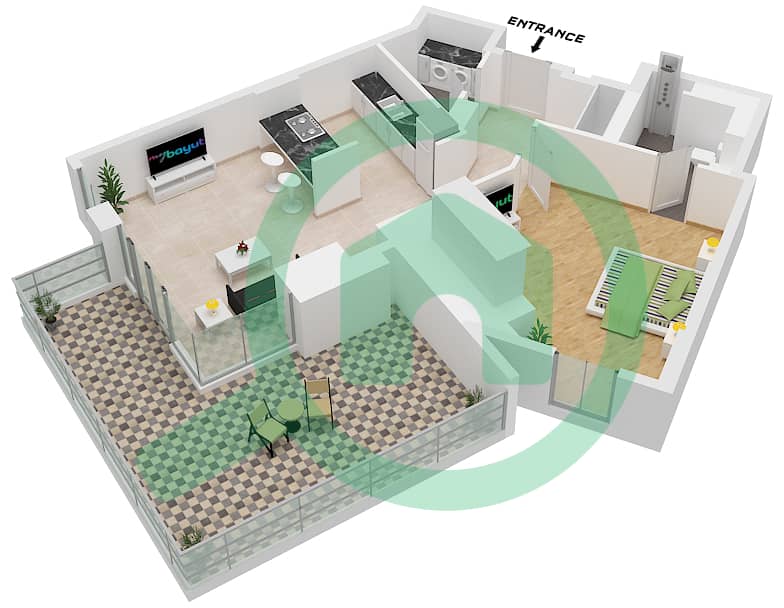 المخططات الطابقية لتصميم النموذج / الوحدة 5-1 / 02 شقة 1 غرفة نوم - بناية الشقق 4 interactive3D