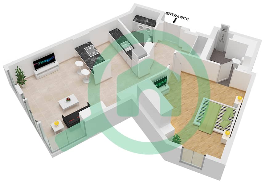 المخططات الطابقية لتصميم النموذج / الوحدة 5-1A / 02 شقة 1 غرفة نوم - بناية الشقق 4 Floor 2 interactive3D