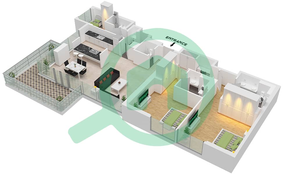 المخططات الطابقية لتصميم النموذج / الوحدة 2-2 / 05 شقة 2 غرفة نوم - بناية الشقق 4 Floor 2-7 interactive3D