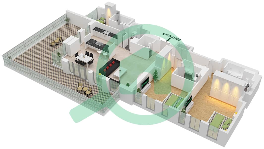 المخططات الطابقية لتصميم النموذج / الوحدة 2-2A / 11 شقة 2 غرفة نوم - بناية الشقق 4 Floor 1 interactive3D