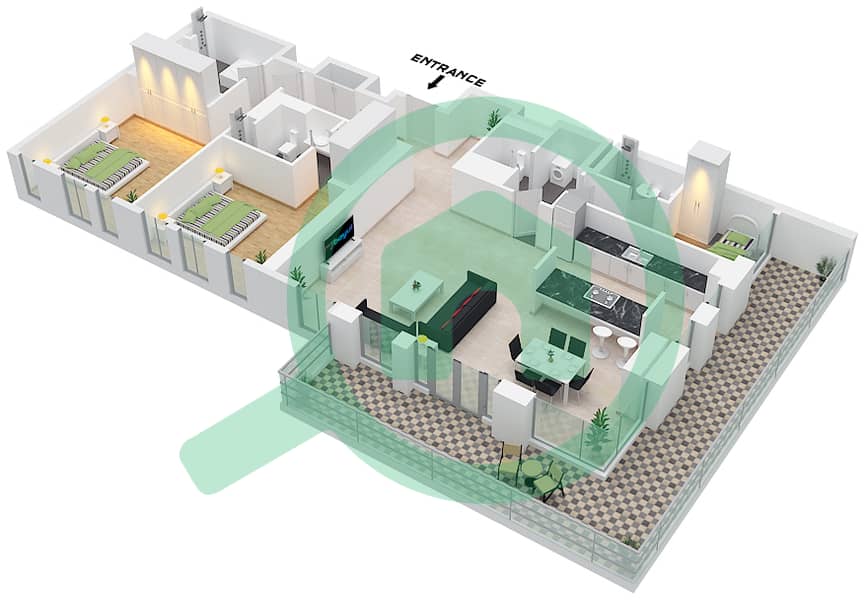 4号公寓楼 - 2 卧室公寓类型／单位3-2 / 11戶型图 Floor 1 interactive3D