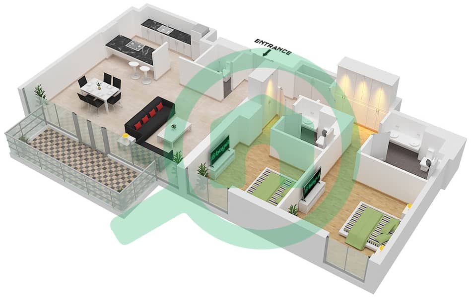 المخططات الطابقية لتصميم النموذج / الوحدة 4-4-1 / 10 شقة 2 غرفة نوم - بناية الشقق 4 interactive3D