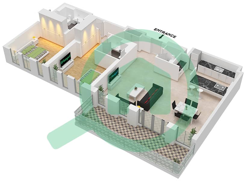 المخططات الطابقية لتصميم النموذج / الوحدة 4-4 / 04 شقة 2 غرفة نوم - بناية الشقق 4 Floor 1 interactive3D