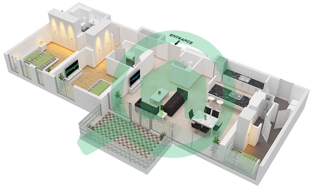 المخططات الطابقية لتصميم النموذج / الوحدة 6-1 / 08 شقة 2 غرفة نوم - بناية الشقق 4 interactive3D