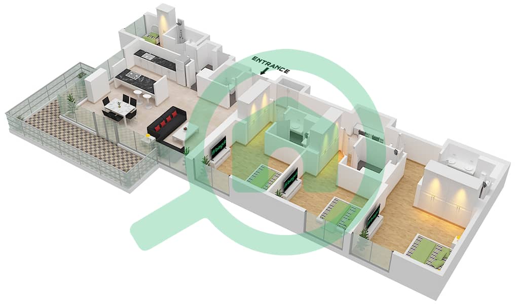 المخططات الطابقية لتصميم النموذج / الوحدة 2-6 / 11 شقة 3 غرف نوم - بناية الشقق 4 Floor 3-7 interactive3D