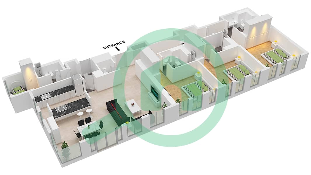 المخططات الطابقية لتصميم النموذج / الوحدة 2-6A  / 10 شقة 3 غرف نوم - بناية الشقق 4 Floor 2 interactive3D