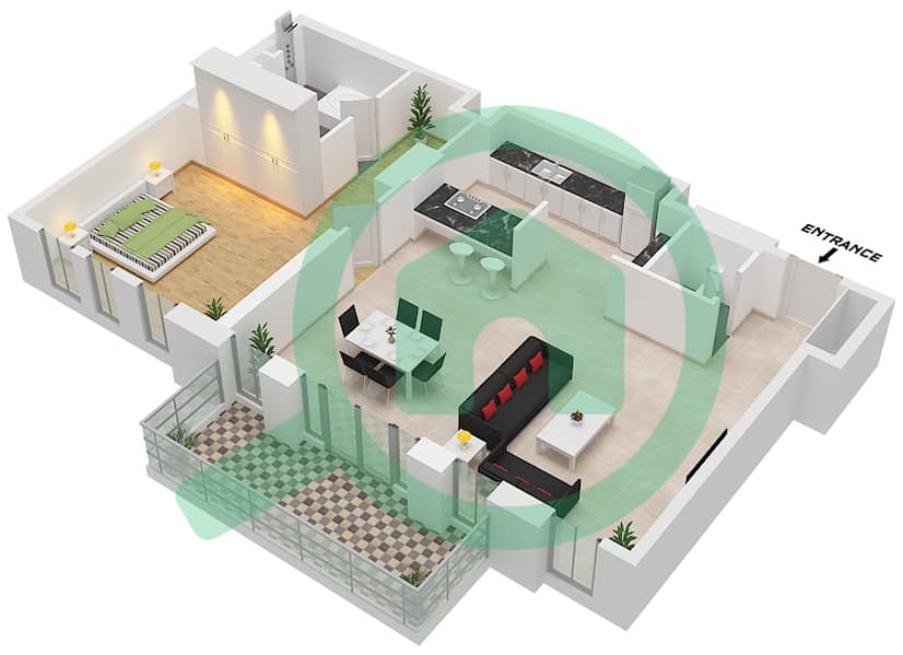 المخططات الطابقية لتصميم النموذج / الوحدة 1-3 / 08 شقة 1 غرفة نوم - بناية الشقق 4 interactive3D
