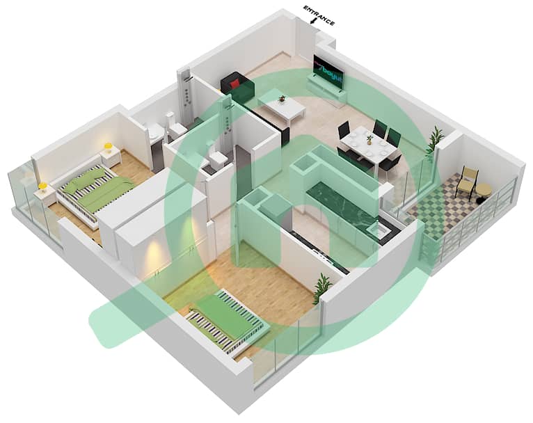 المخططات الطابقية لتصميم النموذج 1 شقة 2 غرفة نوم - ليفانتو من Oro24 interactive3D
