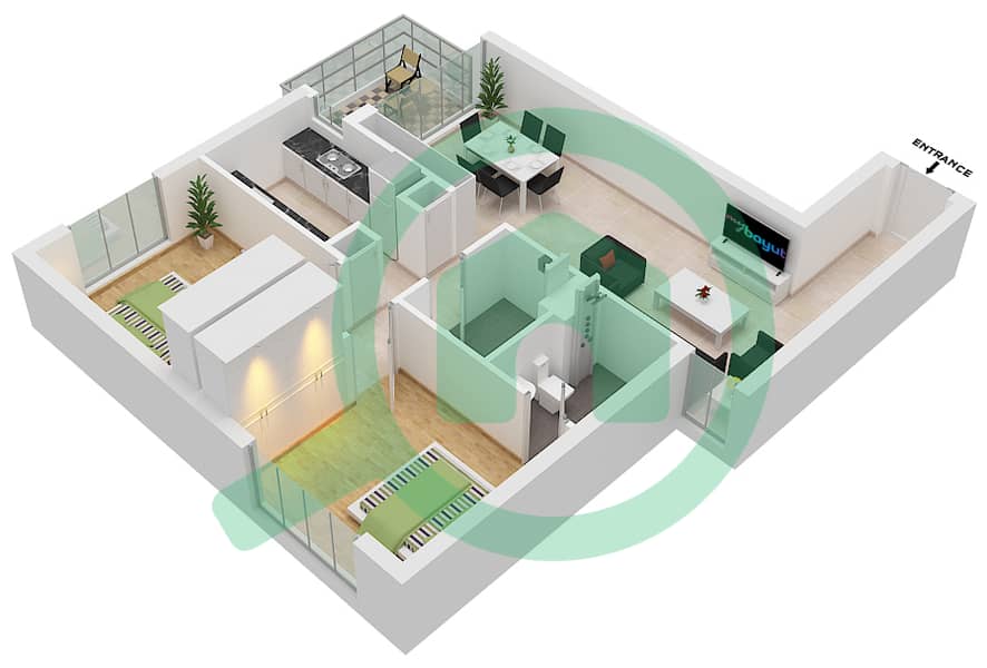 المخططات الطابقية لتصميم النموذج 2 شقة 2 غرفة نوم - ليفانتو من Oro24 interactive3D