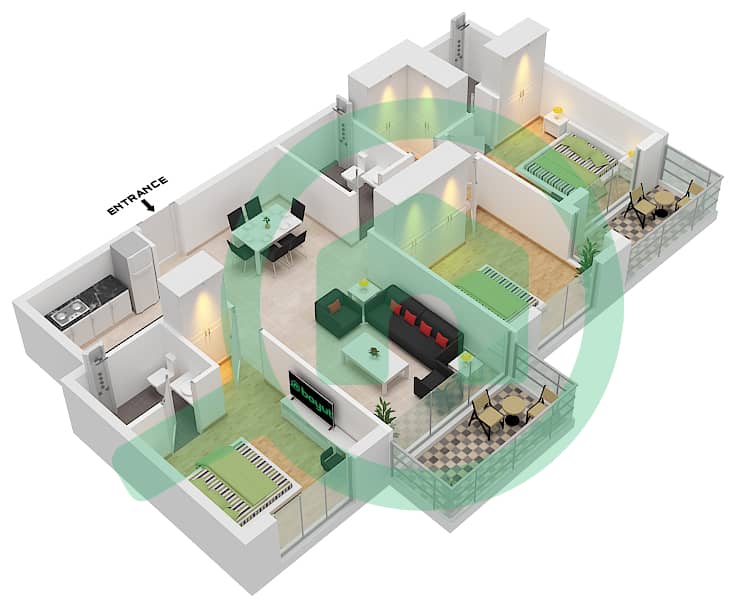 المخططات الطابقية لتصميم النموذج 1 شقة 3 غرف نوم - ليفانتو من Oro24 interactive3D