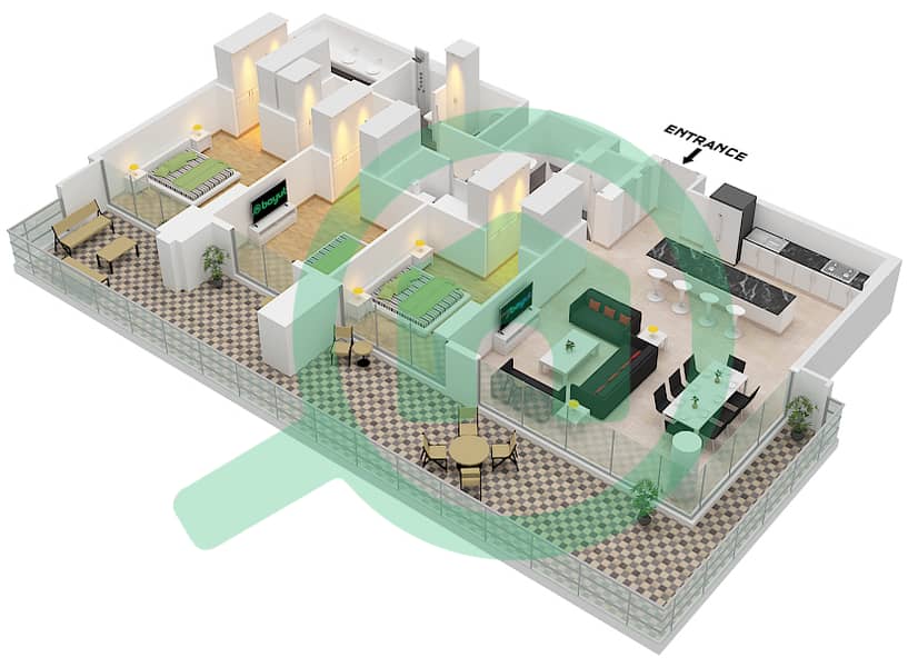 المخططات الطابقية لتصميم النموذج / الوحدة A,1 / UNIT 14 شقة 3 غرف نوم - سنترال بارك ثايم interactive3D