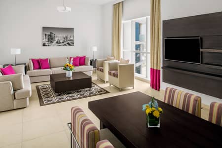 3 Bedroom Hotel Apartment for Rent in Al Barsha, Dubai - Three Bedroom Apartment_Living Room. jpg
