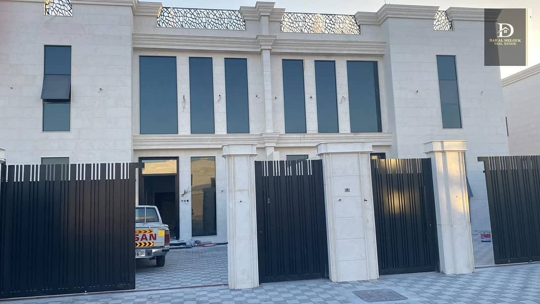 For rent in Sharjah, Al-Hoshi area, a residential investment villa with an area of ​​5,000 square feet, consisting of two floors, ground and first. The ground floor consists of a room, a hall, a bathroom, and a kitchen. The second floor consists of 3 mast