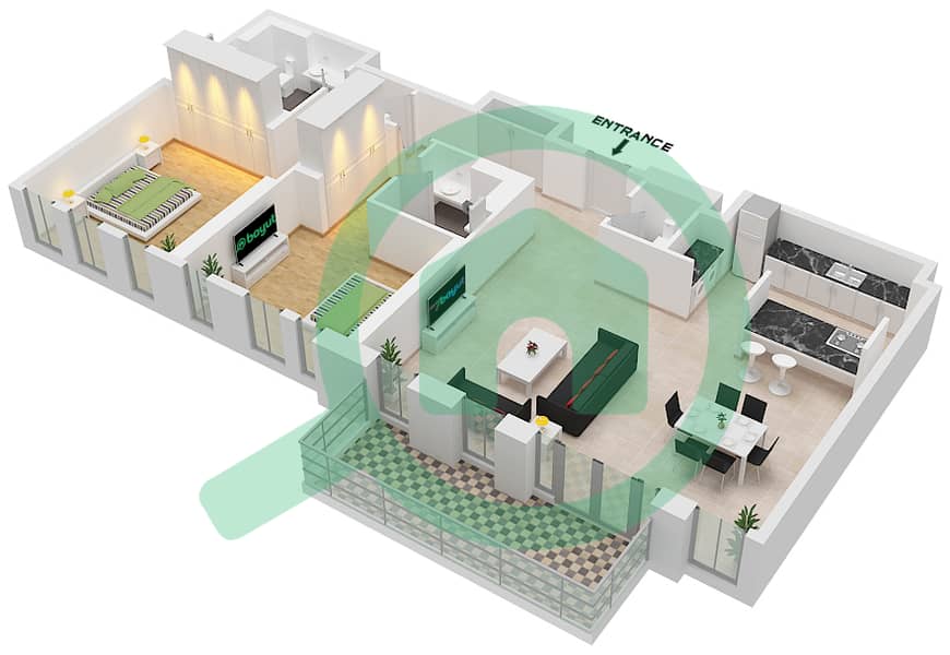 4号公寓楼 - 2 卧室公寓类型／单位4-6 / 09戶型图 Floor 1 interactive3D
