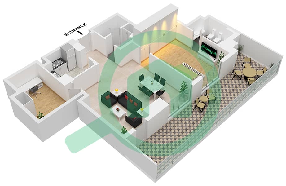 المخططات الطابقية لتصميم الوحدة 21C FLOOR GROUND شقة 1 غرفة نوم - ابراج اجوان Unit 21C Floor Ground interactive3D