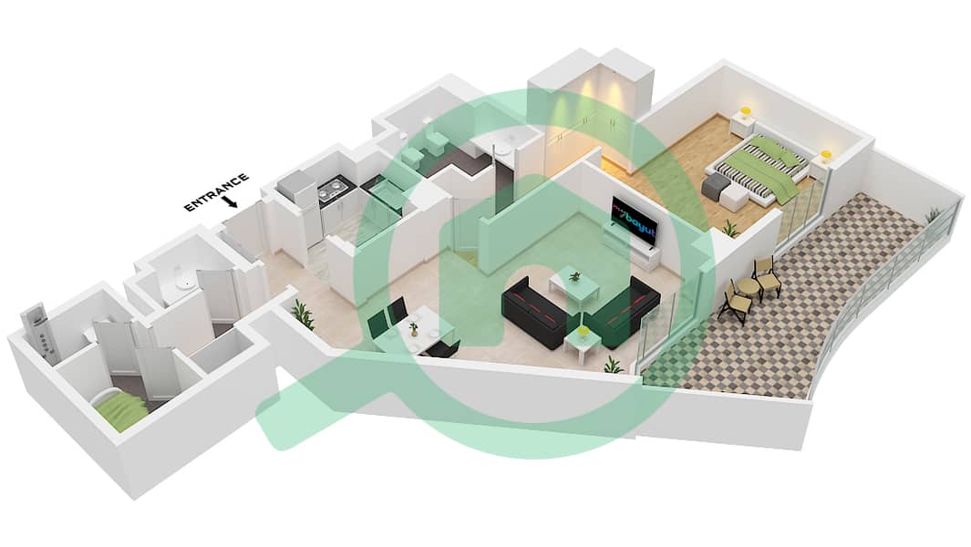 المخططات الطابقية لتصميم الوحدة 24C FLOOR GROUND شقة 1 غرفة نوم - ابراج اجوان Unit 24C Floor Ground interactive3D