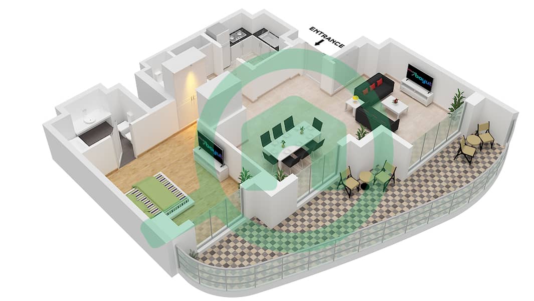 Ajwan Towers - 1 Bedroom Apartment Unit 18C FLOOR 1 Floor plan Unit 18C Floor 1 interactive3D