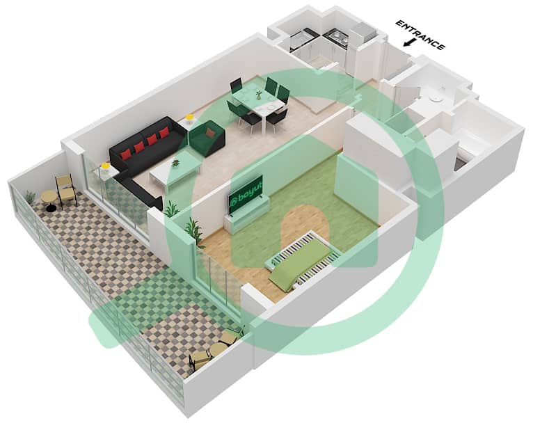 المخططات الطابقية لتصميم الوحدة 22C FLOOR GROUND شقة 1 غرفة نوم - ابراج اجوان Unit 22C Floor Ground interactive3D
