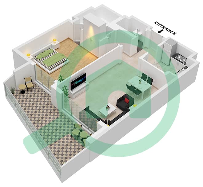 المخططات الطابقية لتصميم الوحدة 20C FLOOR GROUND شقة 1 غرفة نوم - ابراج اجوان Unit 20C Floor Ground interactive3D