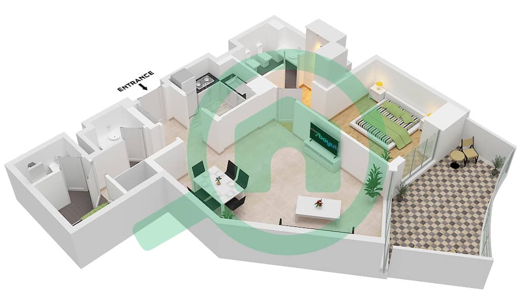 المخططات الطابقية لتصميم الوحدة 24C FLOOR 1-10 شقة 1 غرفة نوم - ابراج اجوان Unit 24C Floor 1-10 interactive3D