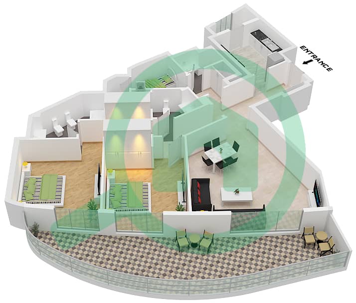 المخططات الطابقية لتصميم الوحدة 18C FLOOR GROUND شقة 2 غرفة نوم - ابراج اجوان Unit 18C Floor Ground interactive3D