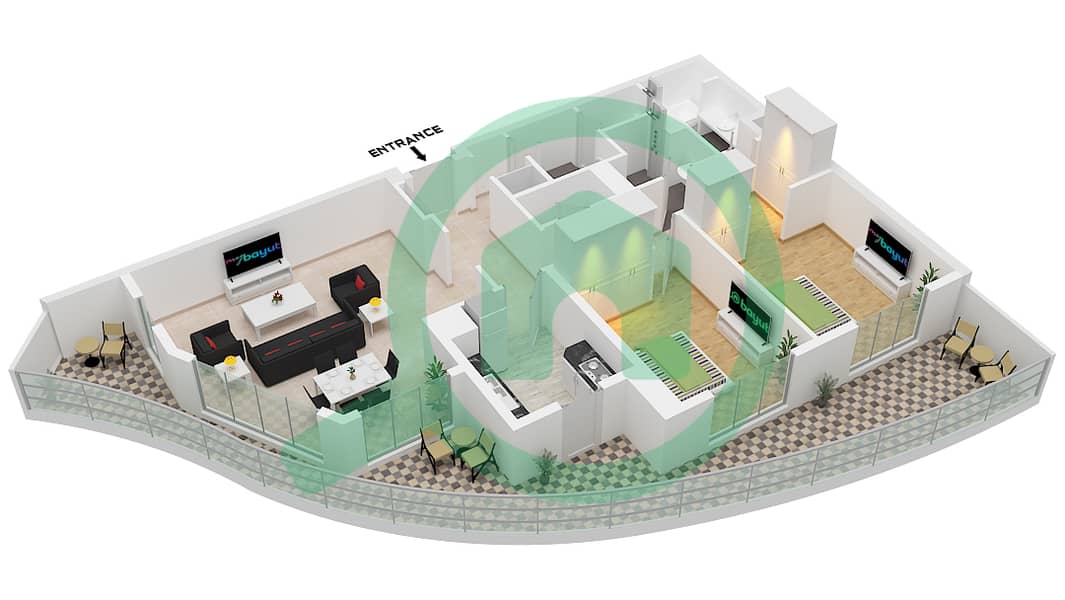 المخططات الطابقية لتصميم الوحدة 26C FLOOR GROUND شقة 2 غرفة نوم - ابراج اجوان Unit 26C Floor Ground interactive3D