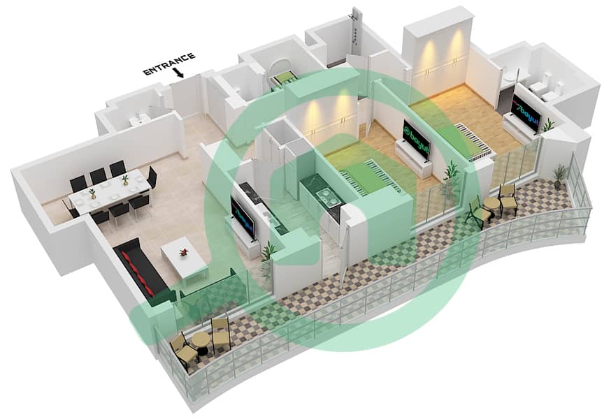 المخططات الطابقية لتصميم الوحدة 21C FLOOR 1-10 شقة 2 غرفة نوم - ابراج اجوان Unit 21C Floor 1-10 interactive3D