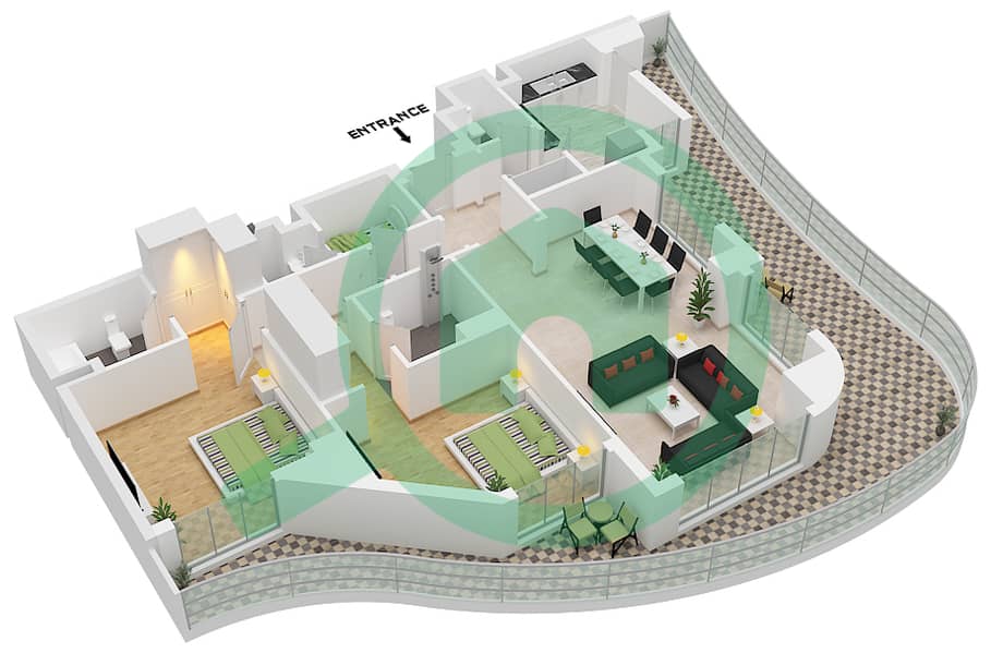 المخططات الطابقية لتصميم الوحدة 18C FLOOR 3-10 شقة 2 غرفة نوم - ابراج اجوان Unit 18C Floor 3-10 interactive3D