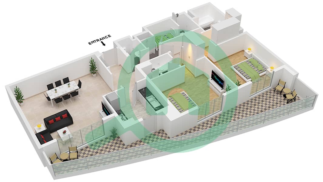 Аджуан Тауэрс - Апартамент 2 Cпальни планировка Единица измерения 19C FLOOR 2-10 Unit 19C Floor 2-10 interactive3D