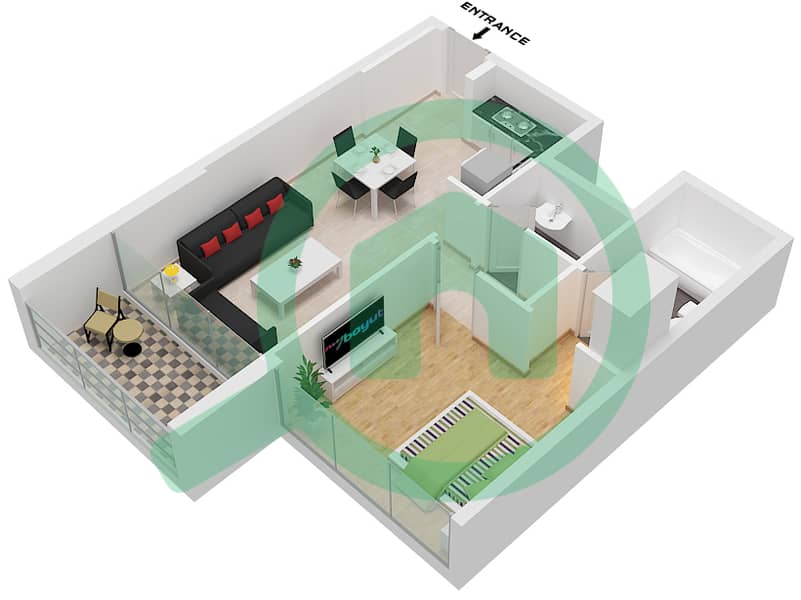 المخططات الطابقية لتصميم النموذج B شقة 1 غرفة نوم - بريف ريزيدنس interactive3D
