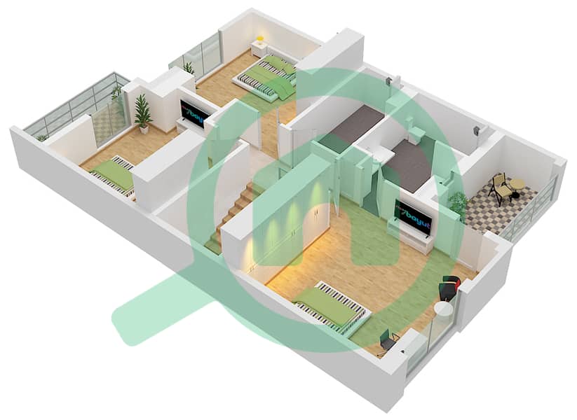 المخططات الطابقية لتصميم النموذج / الوحدة B / MIDDLE UNIT تاون هاوس 3 غرف نوم - مروج الفرجان First Floor interactive3D