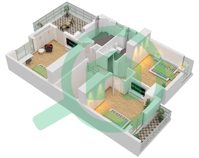 المخططات الطابقية لتصميم النموذج / الوحدة B / CORNER UNIT تاون هاوس 4 غرف نوم - مروج الفرجان First Floor interactive3D