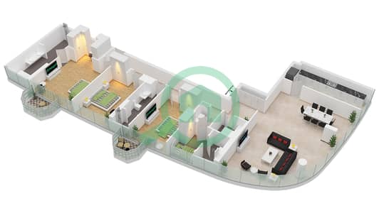 المخططات الطابقية لتصميم النموذج / الوحدة B / UNIT 1,2 شقة 3 غرف نوم - العنوان برج هاربور بوينت 1