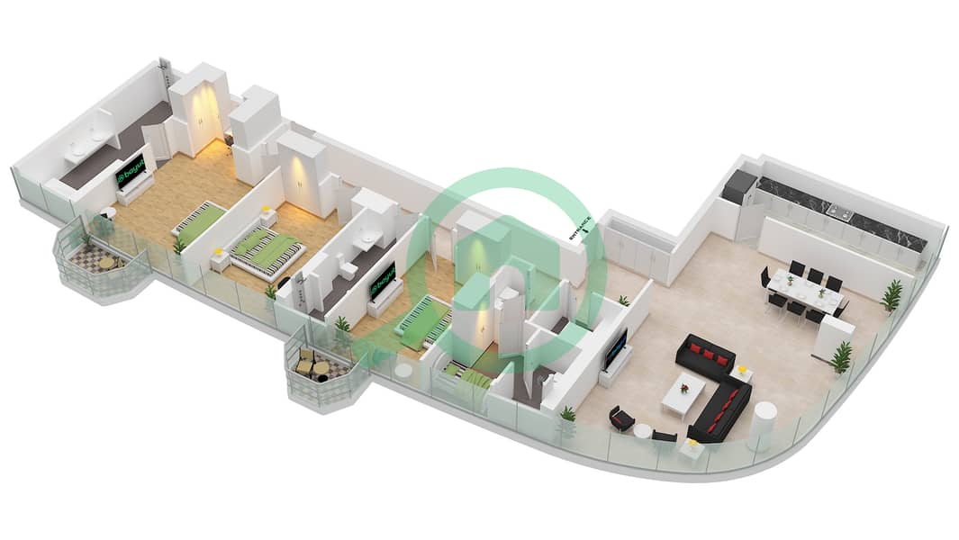 المخططات الطابقية لتصميم النموذج / الوحدة B / UNIT 1,2 شقة 3 غرف نوم - العنوان برج هاربور بوينت 1 Type B Unit 1,2 Floor 49-51 interactive3D