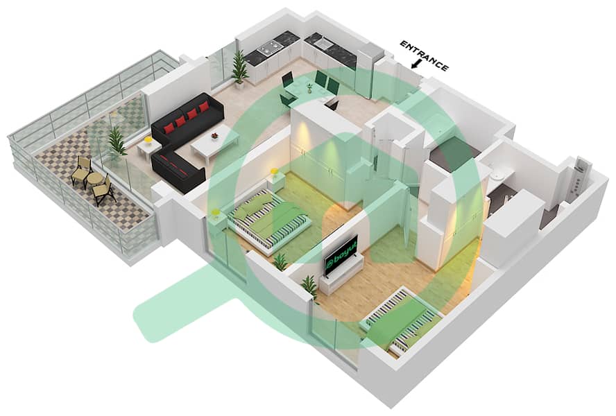 永旺大厦1号楼 - 2 卧室公寓单位3 FLOOR 2-15戶型图 Unit 3 Floor 2-15 interactive3D