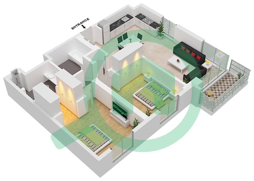 Эон Тауэр 1 - Апартамент 2 Cпальни планировка Единица измерения 2 FLOOR 2-15 Unit 2 Floor 2-15 interactive3D