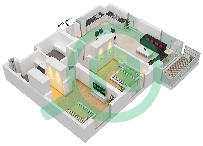 永旺大厦1号楼 - 2 卧室公寓单位7 FLOOR 2-15戶型图 Unit 7 Floor 2-15 interactive3D