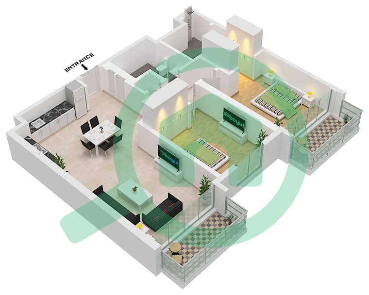 永旺大厦1号楼 - 2 卧室公寓单位1 FLOOR 2-15戶型图 Unit 1 Floor 2-15 interactive3D