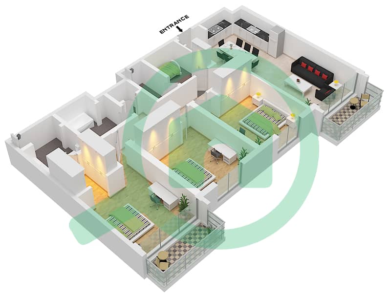 永旺大厦1号楼 - 3 卧室公寓单位1 FLOOR 16-19戶型图 Unit 1 Floor 16-19 interactive3D