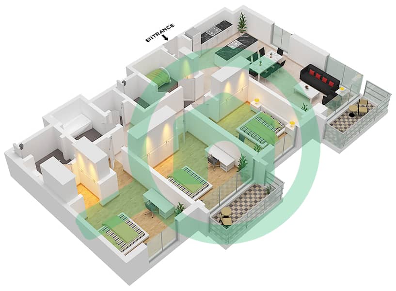 永旺大厦1号楼 - 3 卧室公寓单位2 FLOOR 16-19戶型图 Unit 2 Floor 16-19 interactive3D