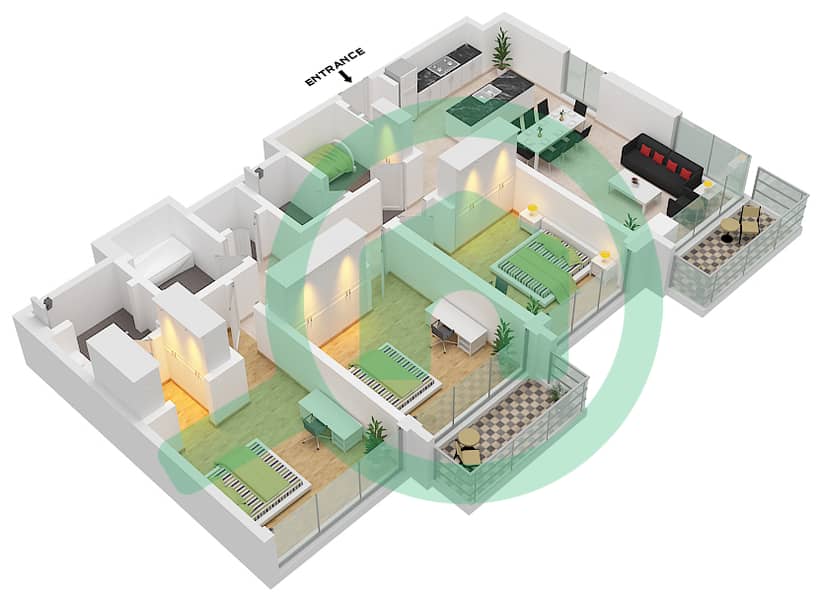 المخططات الطابقية لتصميم الوحدة 2 FLOOR 20 شقة 3 غرف نوم - برج ايون 1 Unit 2 Floor 20 interactive3D
