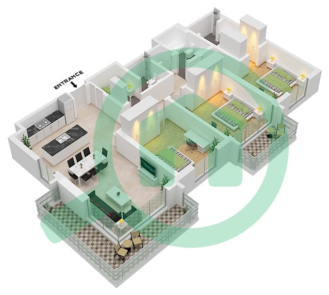 永旺大厦1号楼 - 3 卧室公寓单位3 FLOOR 16-19戶型图 Unit 3 Floor 16-19 interactive3D